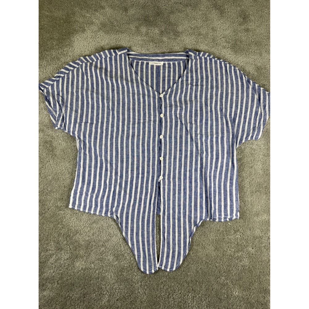 Beachlunchlounge Blue White Striped Linen Blend Tie Front Button Top XL